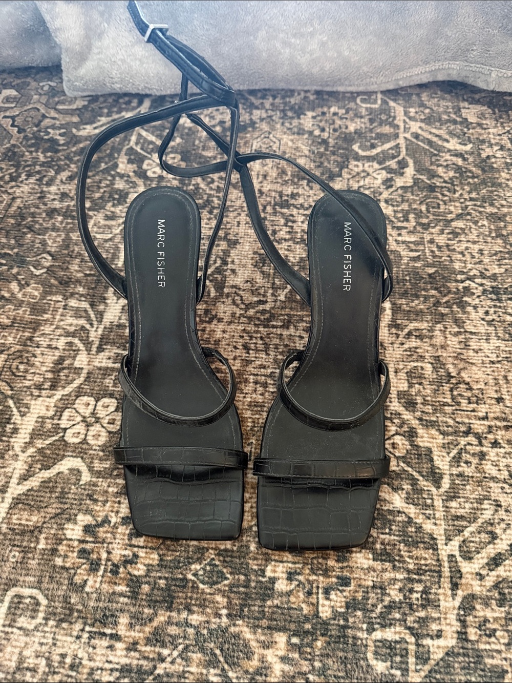 Marc Fisher Black Croc-Embossed Square-Toe Strappy Heels - Picture 2 of 3